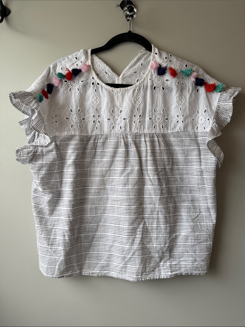 THML White Eyelet Top with Multicolor Tassel Trim thin black stripes cotton S